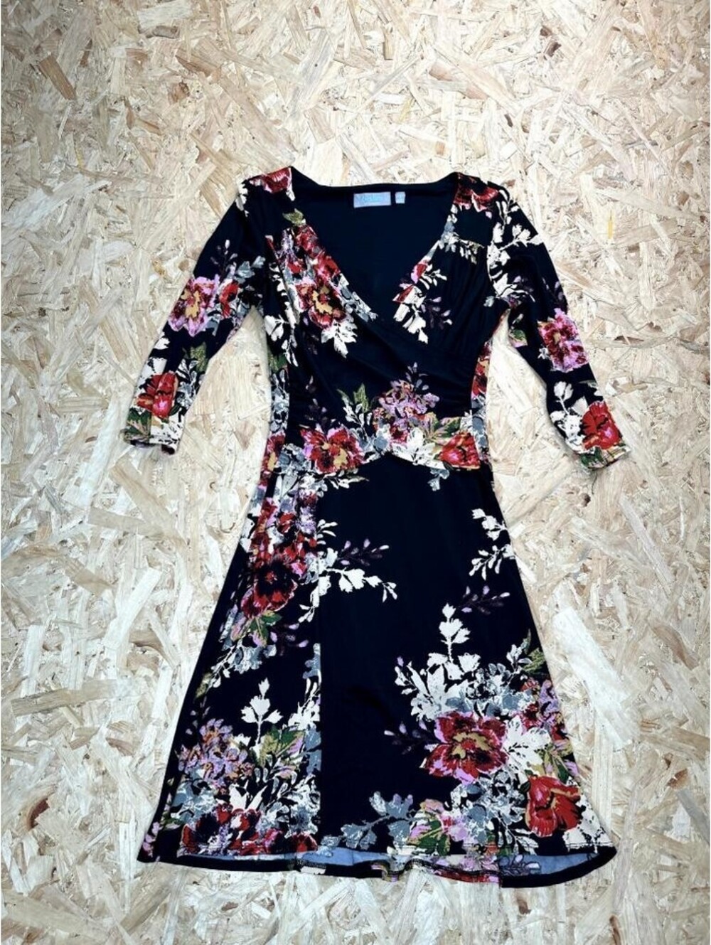 B-Slim by NY Collection Dress Womens Small Black Floral Faux Wrap 3/4 Sleeve